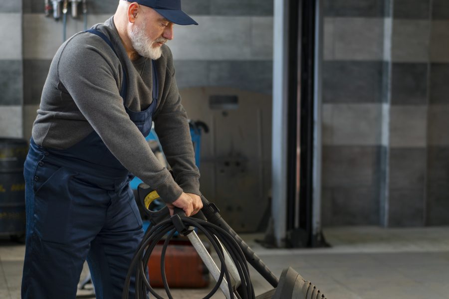 Male car mechanic using a cleaning machine in an automotive repair shop